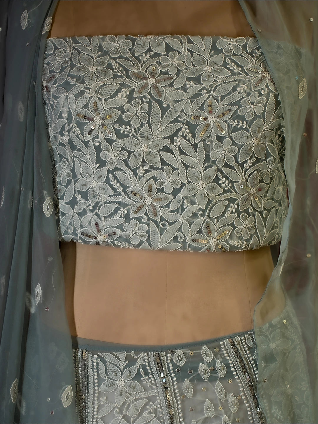 Ada Hand Embroidered Grey Georgette Lucknowi Chikankari Lehenga Set With Sequins Work 01A686179