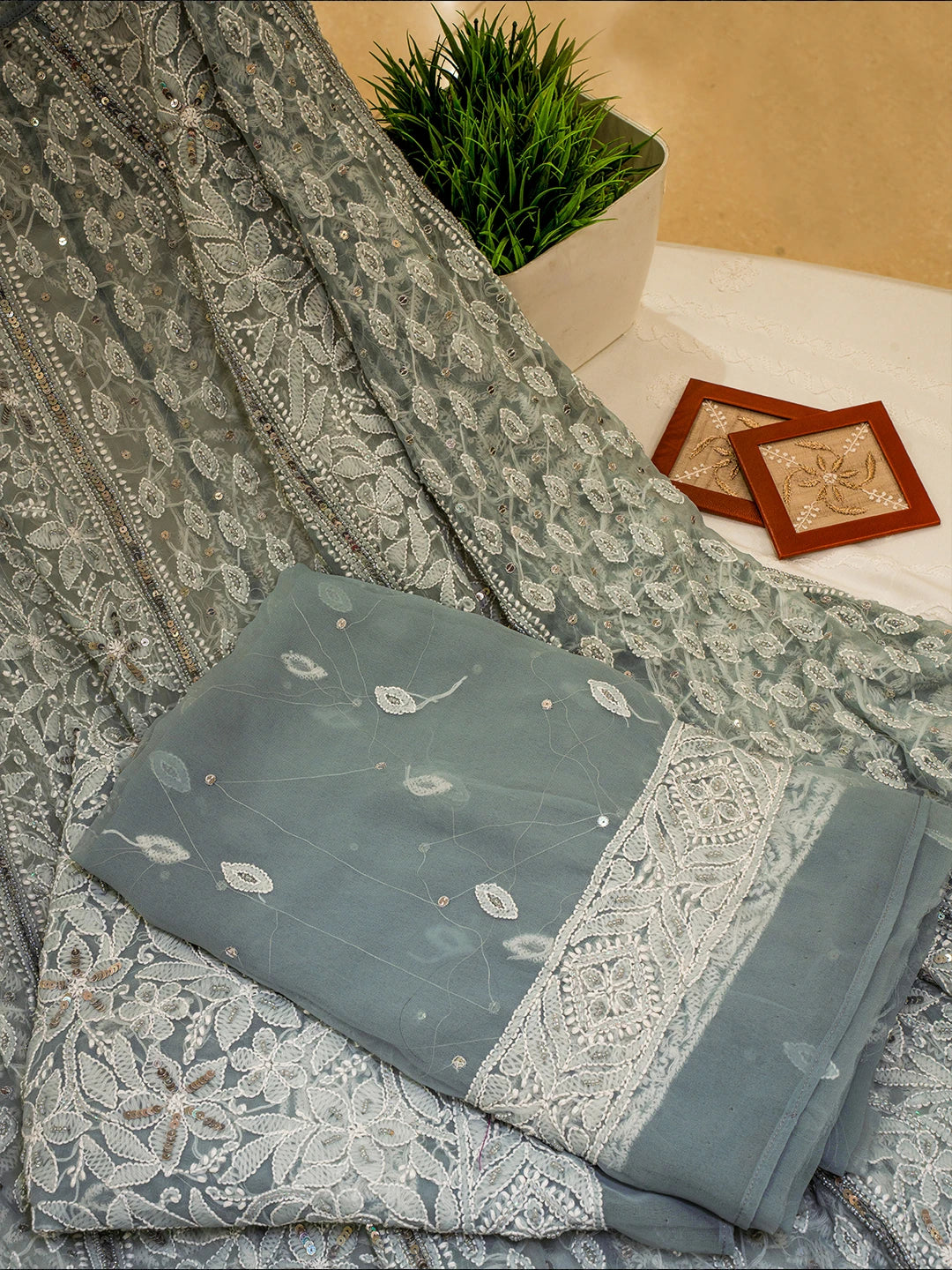 Ada Hand Embroidered Grey Georgette Lucknowi Chikankari Lehenga Set With Sequins Work 01A686179