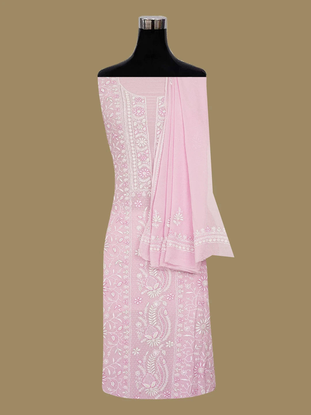 Ada Hand Embroidered Pink Pure Georgette Lucknowi Chikankari Unstitched Kurta Dupatta Set With Pearl Work 01A664543
