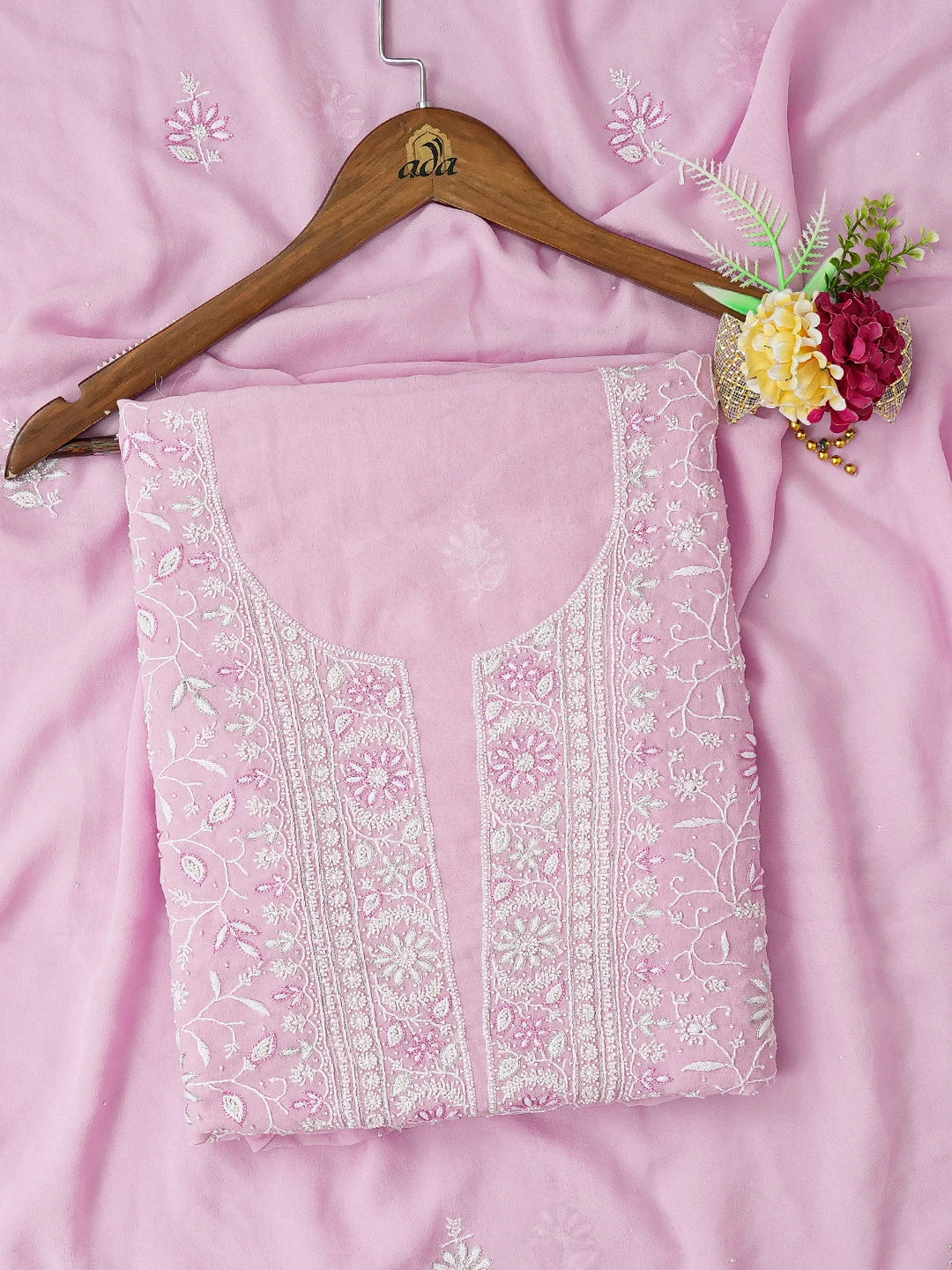 Ada Hand Embroidered Pink Pure Georgette Lucknowi Chikankari Unstitched Kurta Dupatta Set With Pearl Work 01A664543