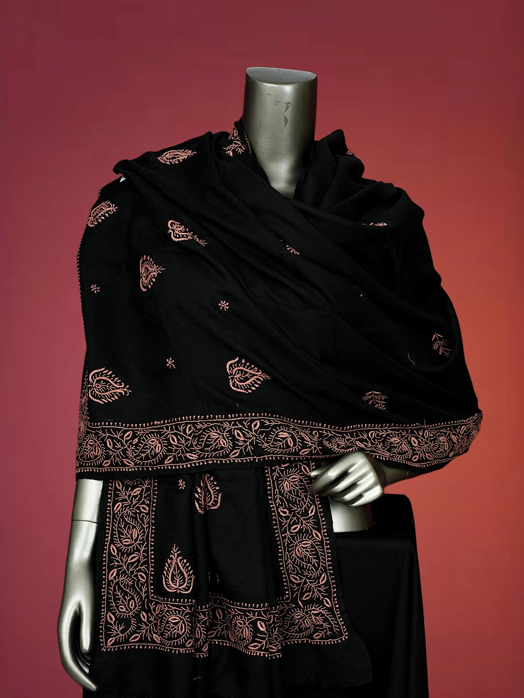 Ada Hand Embroidered Black Pashmina Lucknowi Chikankari Teen Taar Shawl 01A715866