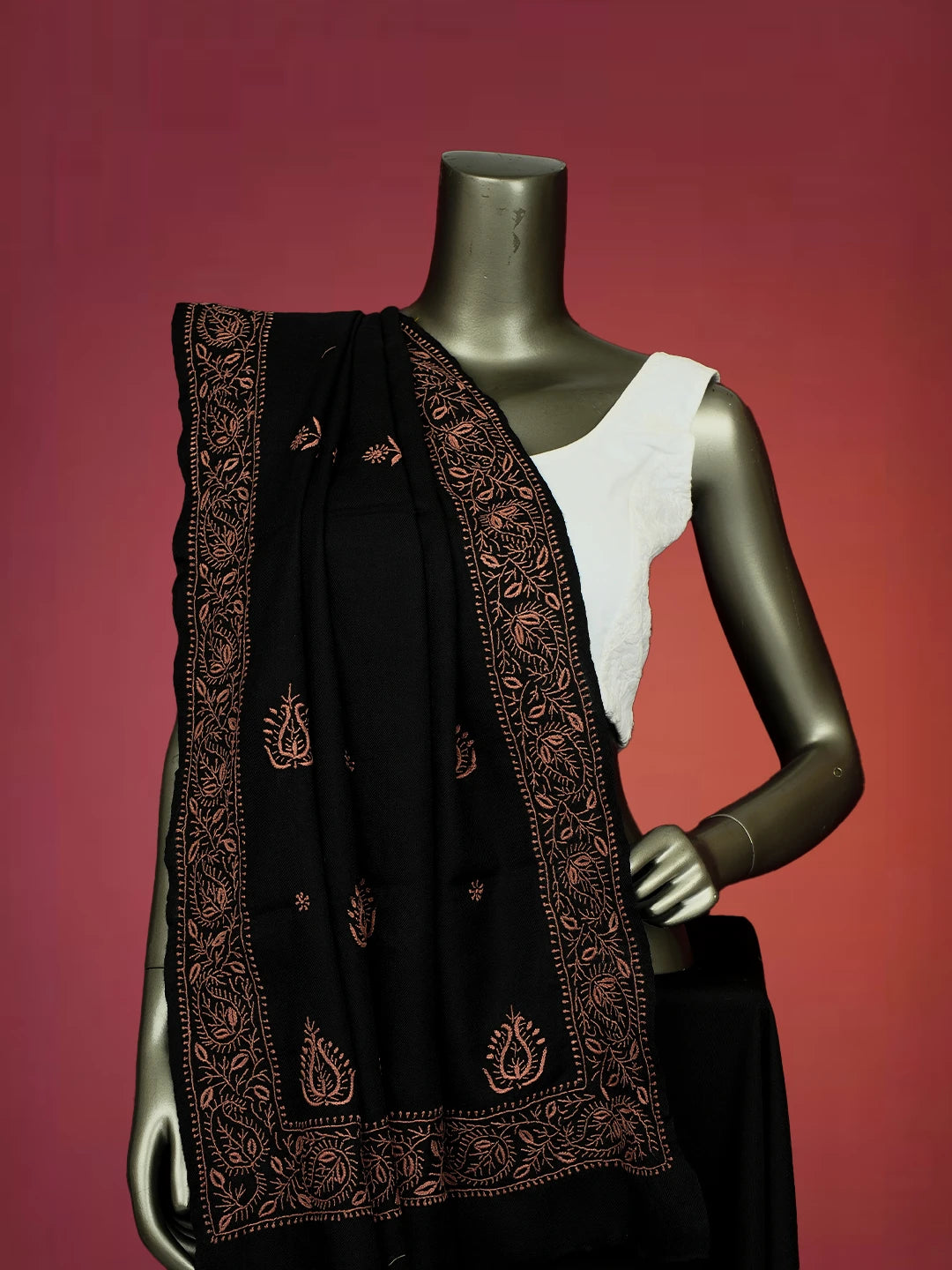 Ada Hand Embroidered Black Pashmina Lucknowi Chikankari Teen Taar Shawl 01A715866