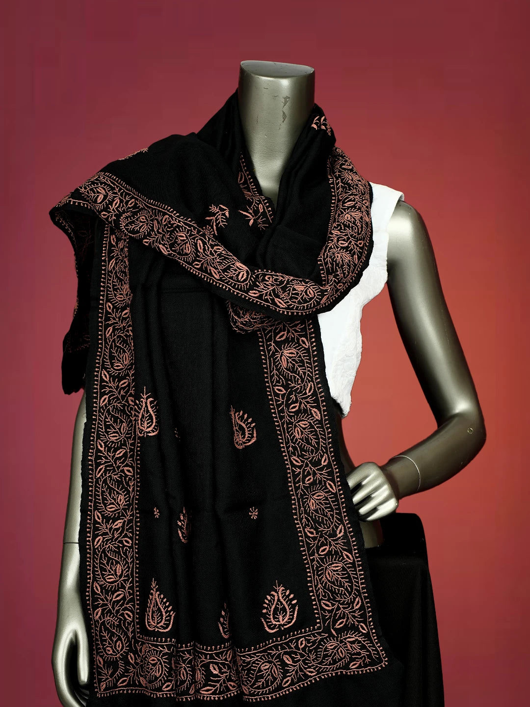 Ada Hand Embroidered Black Pashmina Lucknowi Chikankari Teen Taar Shawl 01A715866
