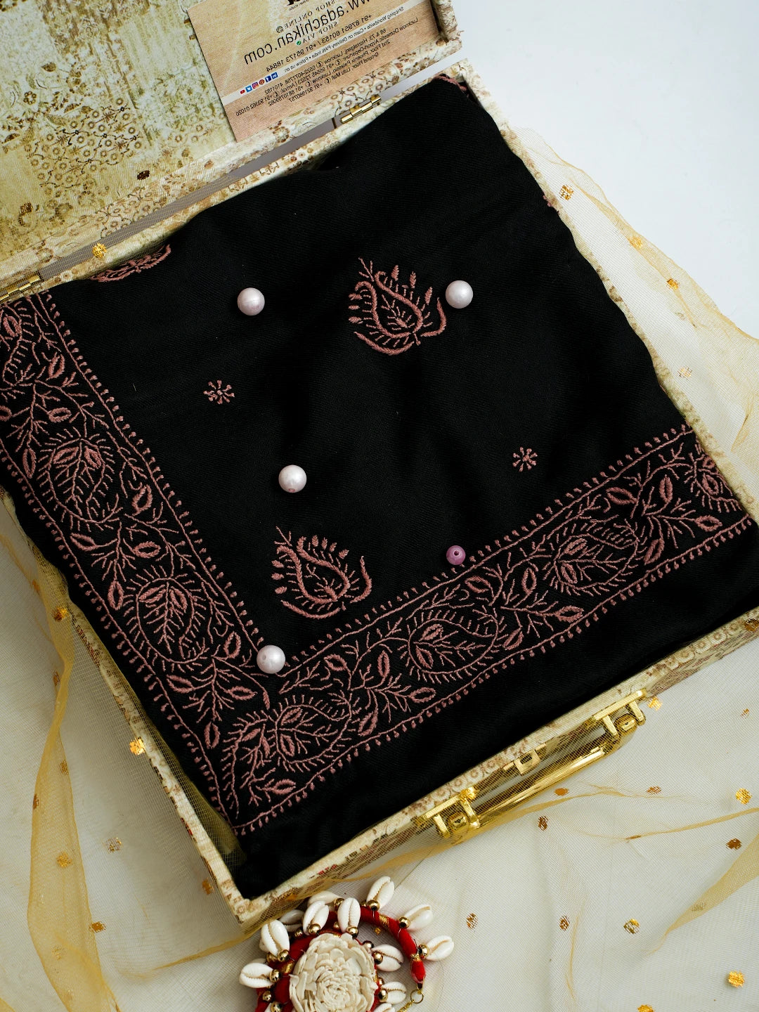 Ada Hand Embroidered Black Pashmina Lucknowi Chikankari Teen Taar Shawl 01A715866