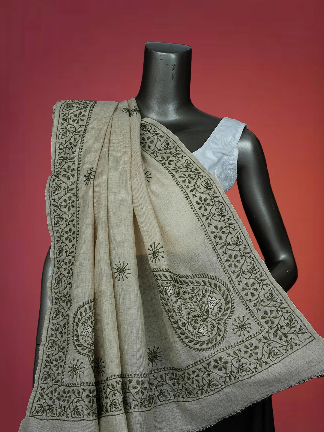 Ada Hand Embroidered Fawn Pashmina Lucknowi Chikankari Teen Taar Shawl 01A715861