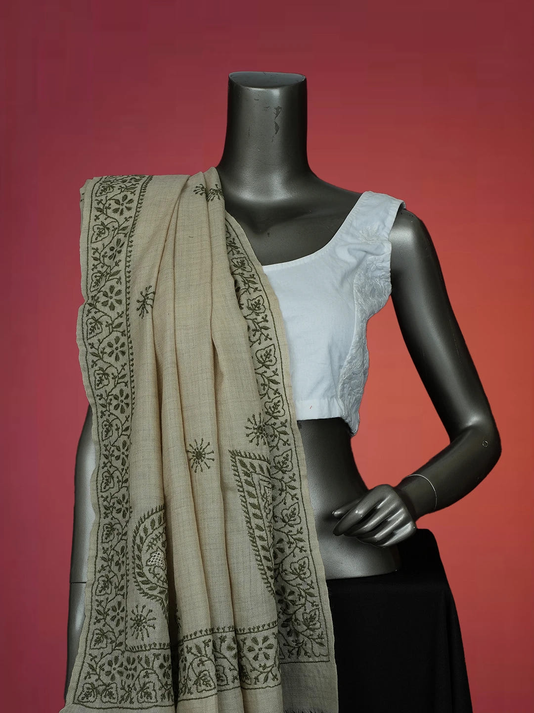 Ada Hand Embroidered Fawn Pashmina Lucknowi Chikankari Teen Taar Shawl 01A715861