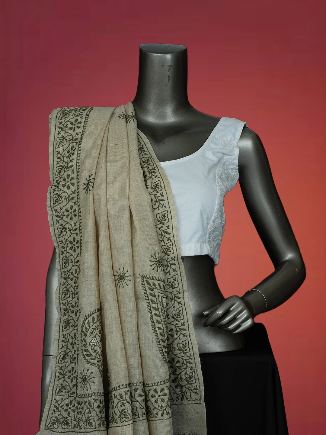 Ada Hand Embroidered Fawn Pashmina Lucknowi Chikankari Teen Taar Shawl 01A715861