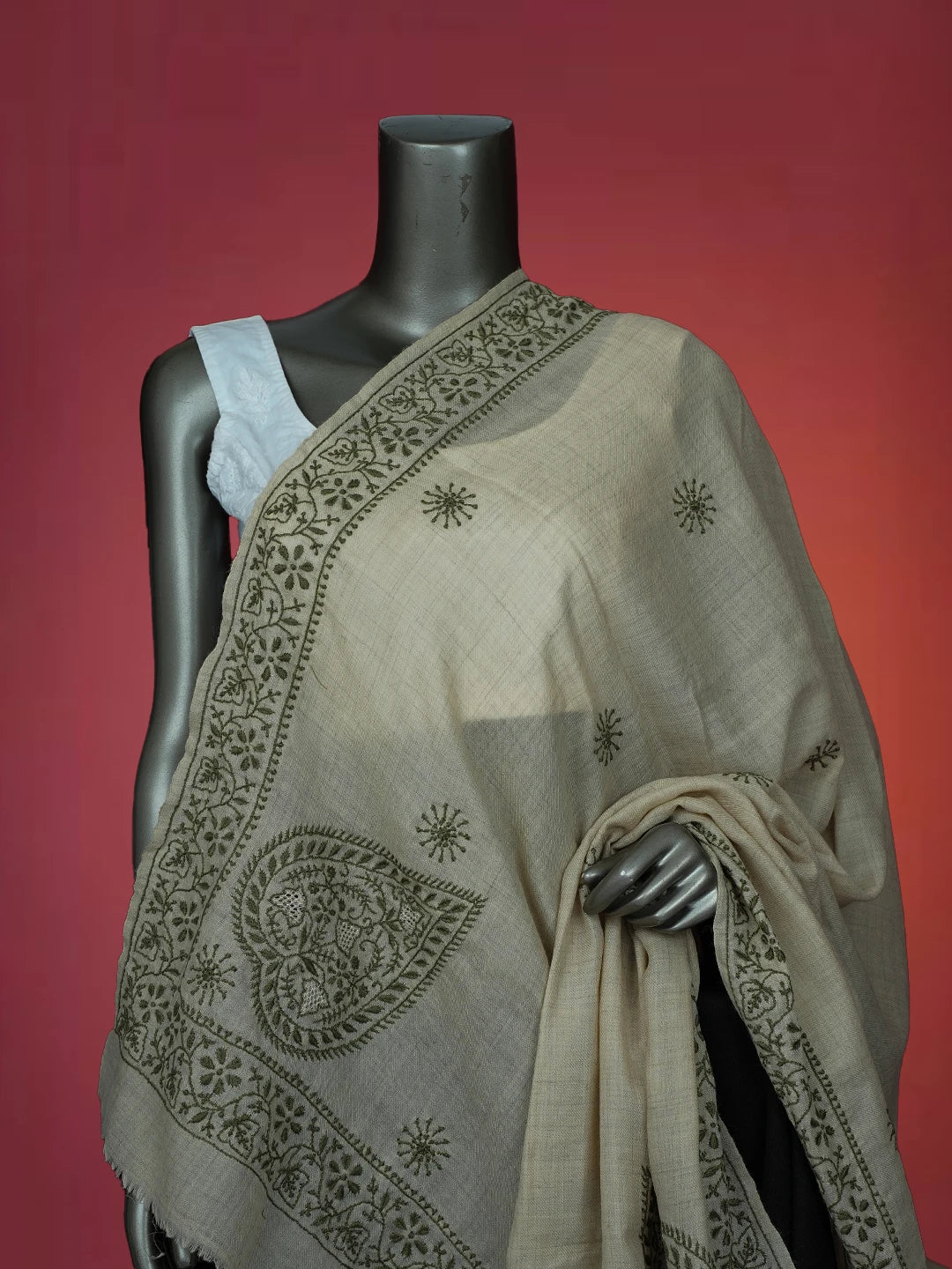 Ada Hand Embroidered Fawn Pashmina Lucknowi Chikankari Teen Taar Shawl 01A715861