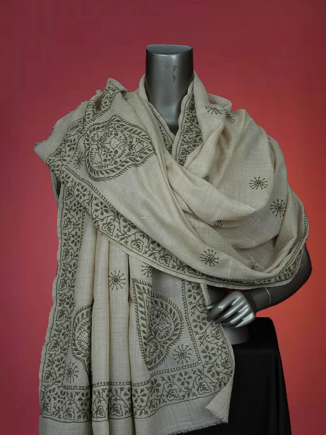Ada Hand Embroidered Fawn Pashmina Lucknowi Chikankari Teen Taar Shawl 01A715861