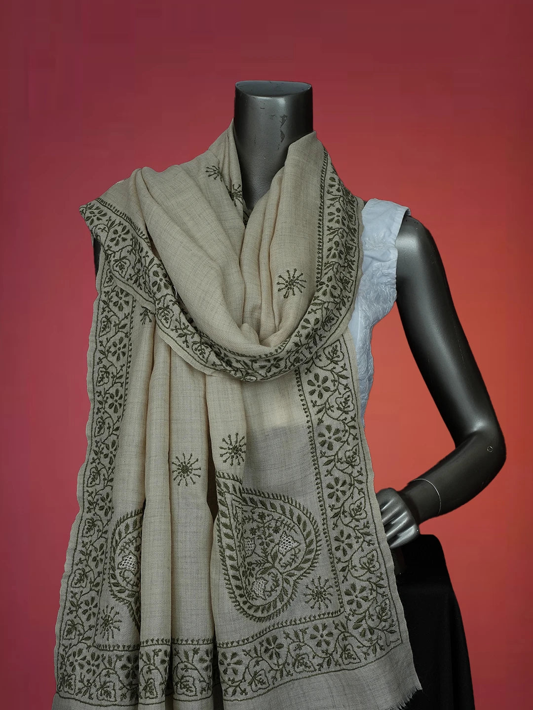 Ada Hand Embroidered Fawn Pashmina Lucknowi Chikankari Teen Taar Shawl 01A715861