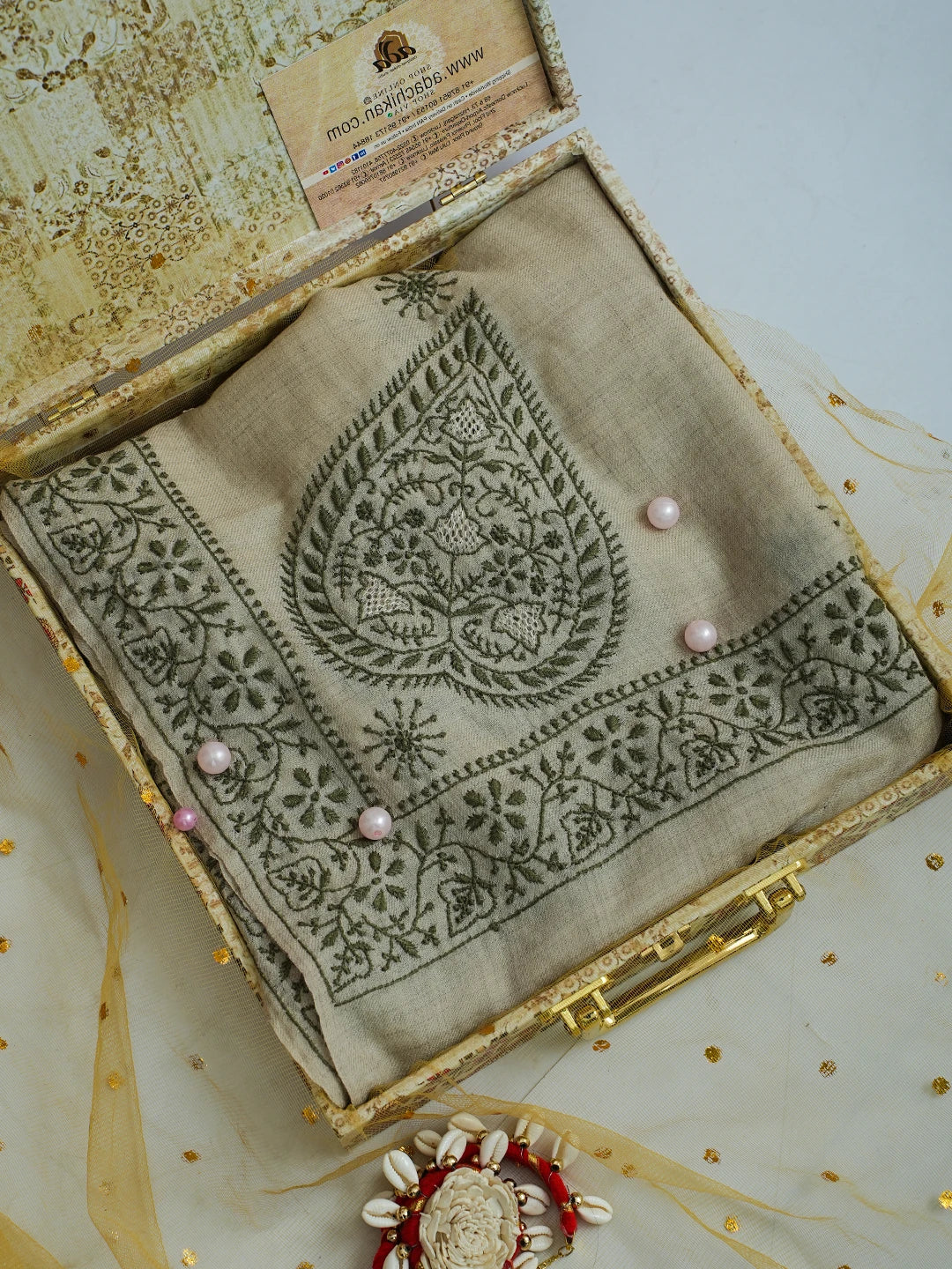 Ada Hand Embroidered Fawn Pashmina Lucknowi Chikankari Teen Taar Shawl 01A715861