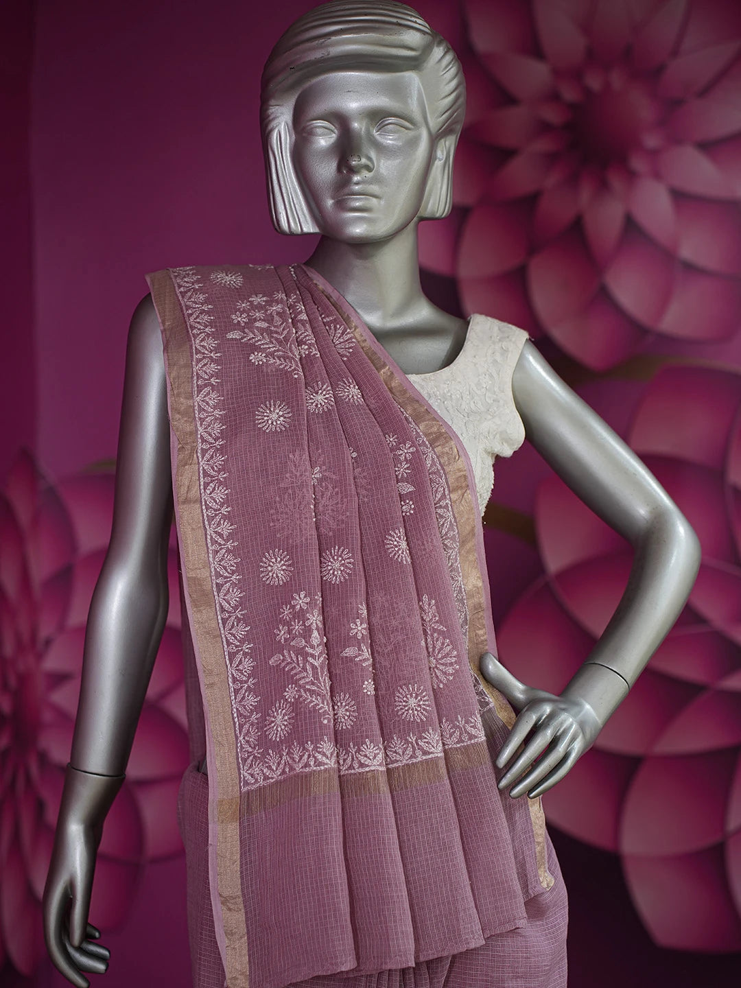 Ada Hand Embroidered Mauve Kota Lucknowi Chikankari Saree and Blouse 01A681665
