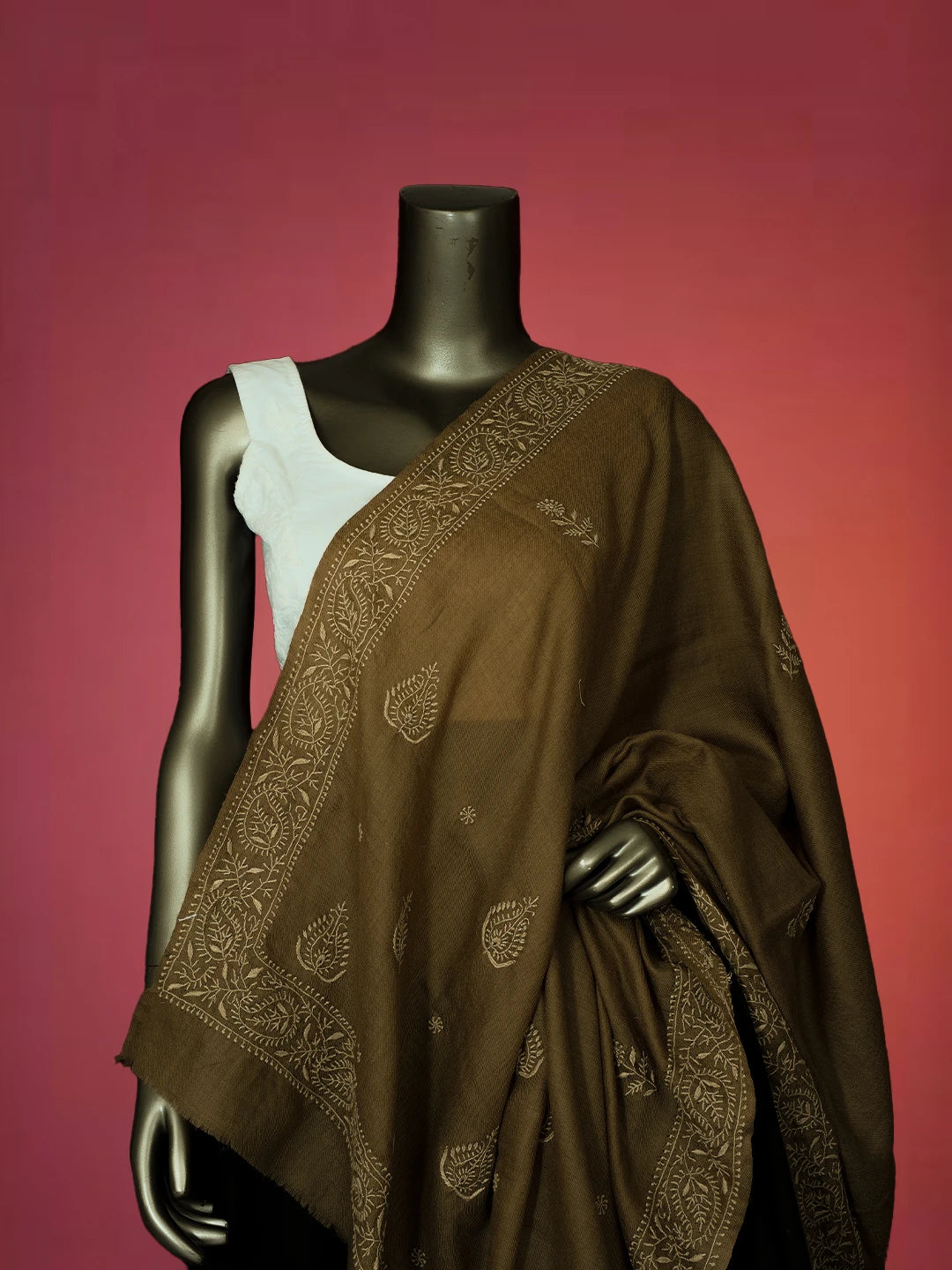 Ada Hand Embroidered Fawn Pashmina Lucknowi Chikankari Teen Taar Shawl 01A715842