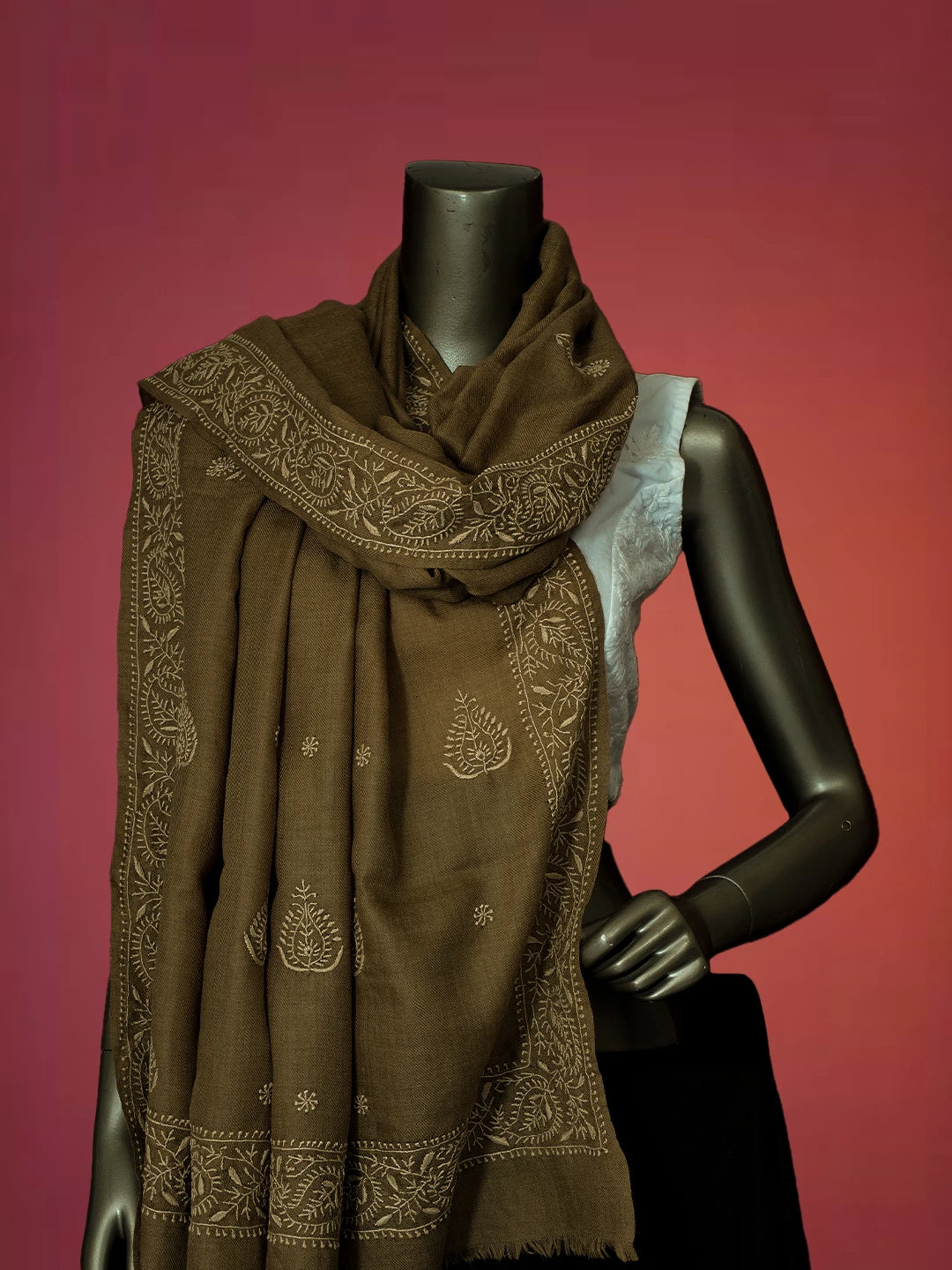 Ada Hand Embroidered Fawn Pashmina Lucknowi Chikankari Teen Taar Shawl 01A715842