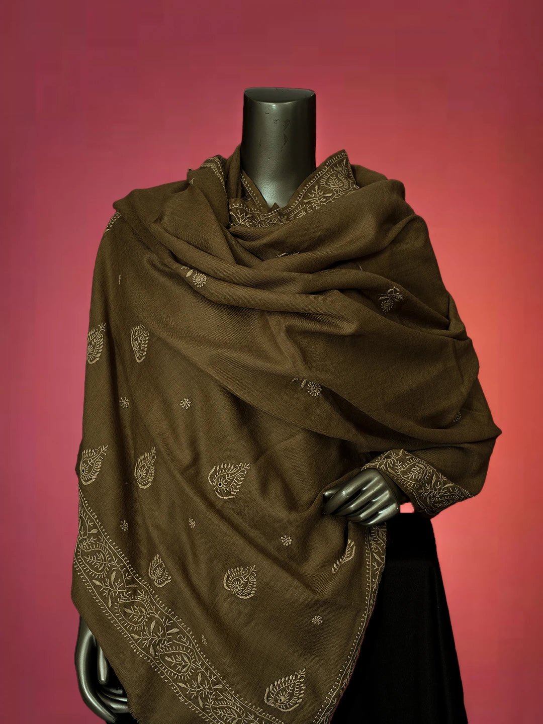 Ada Hand Embroidered Fawn Pashmina Lucknowi Chikankari Teen Taar Shawl 01A715842