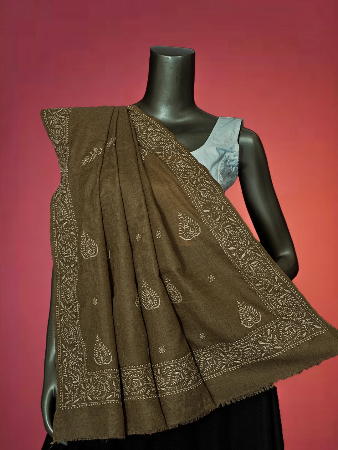 Ada Hand Embroidered Fawn Pashmina Lucknowi Chikankari Teen Taar Shawl 01A715842