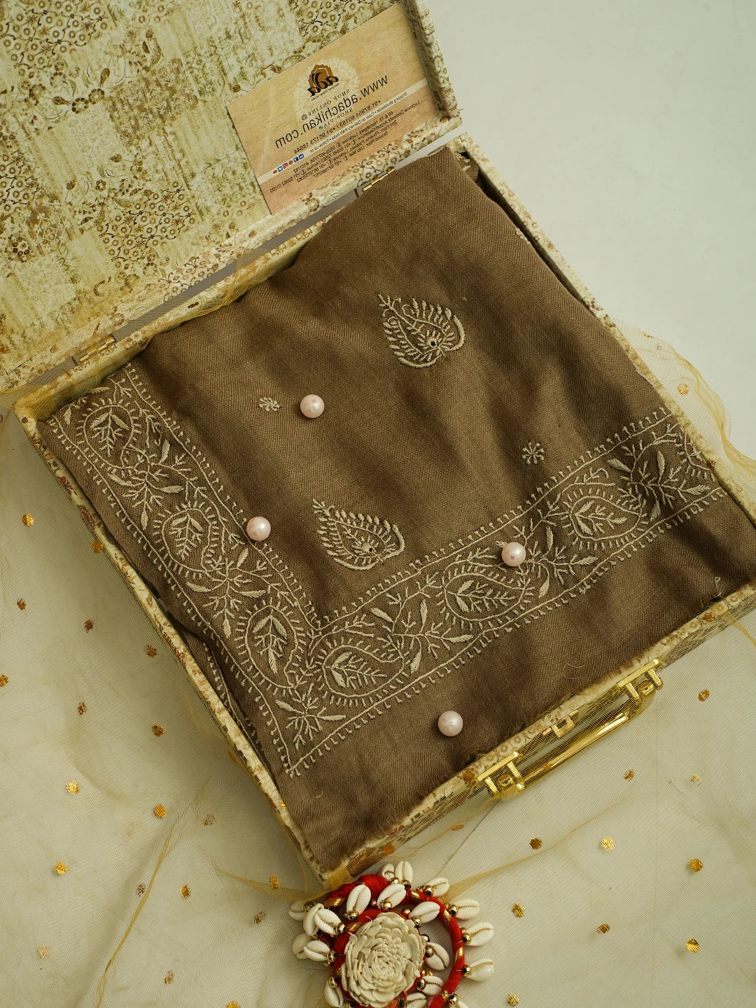 Ada Hand Embroidered Fawn Pashmina Lucknowi Chikankari Teen Taar Shawl 01A715842