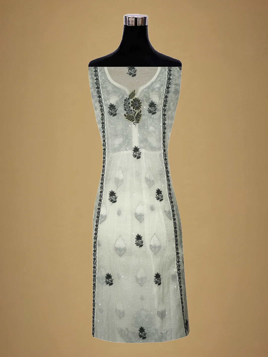 Ada Hand Embroidered White Chanderi Lucknowi Chikankari Semi-Stitched Kurta Dupatta Set with Cutdana Work 01A674701