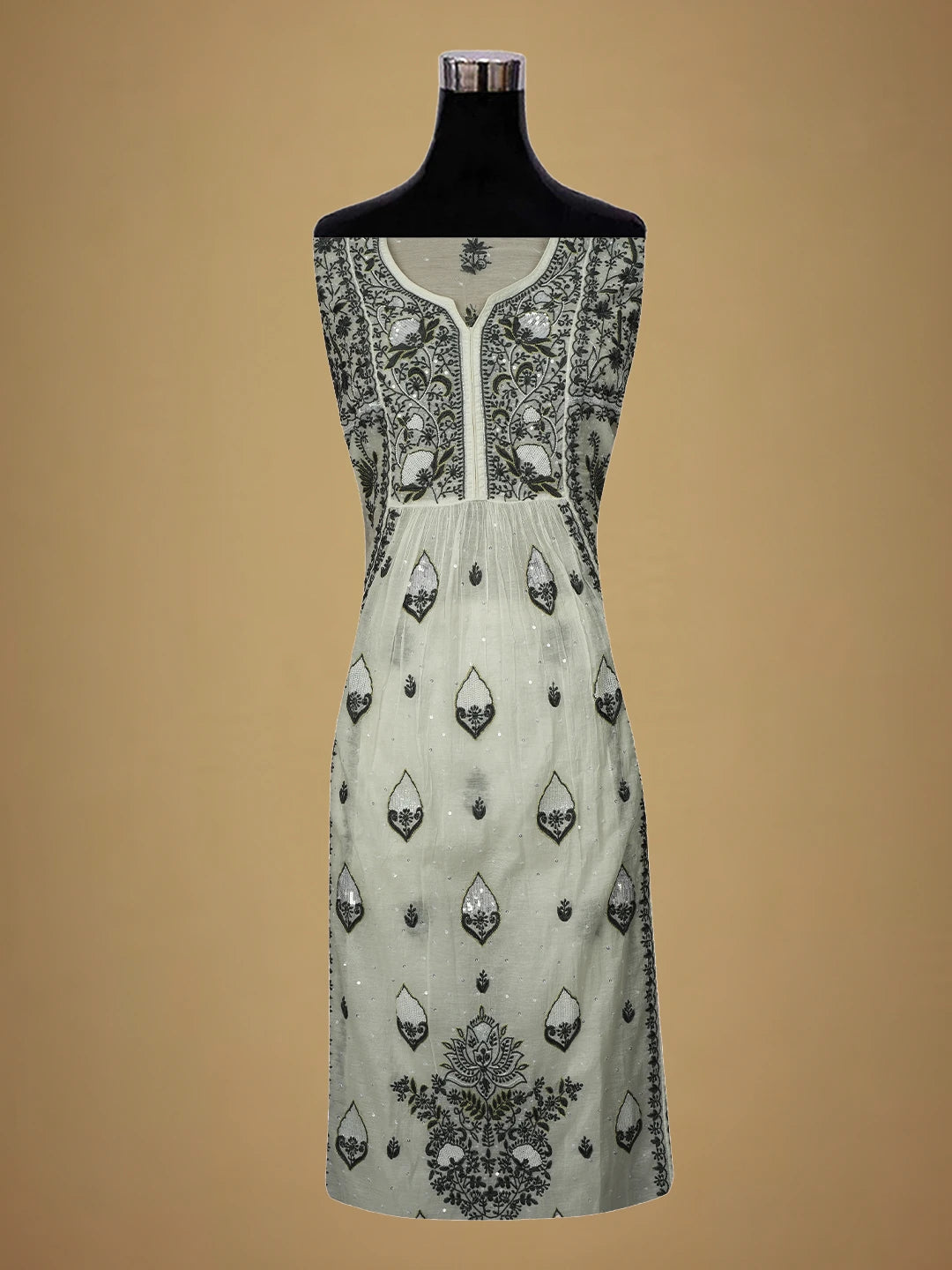 Ada Hand Embroidered White Chanderi Lucknowi Chikankari Semi-Stitched Kurta Dupatta Set with Cutdana Work 01A674701