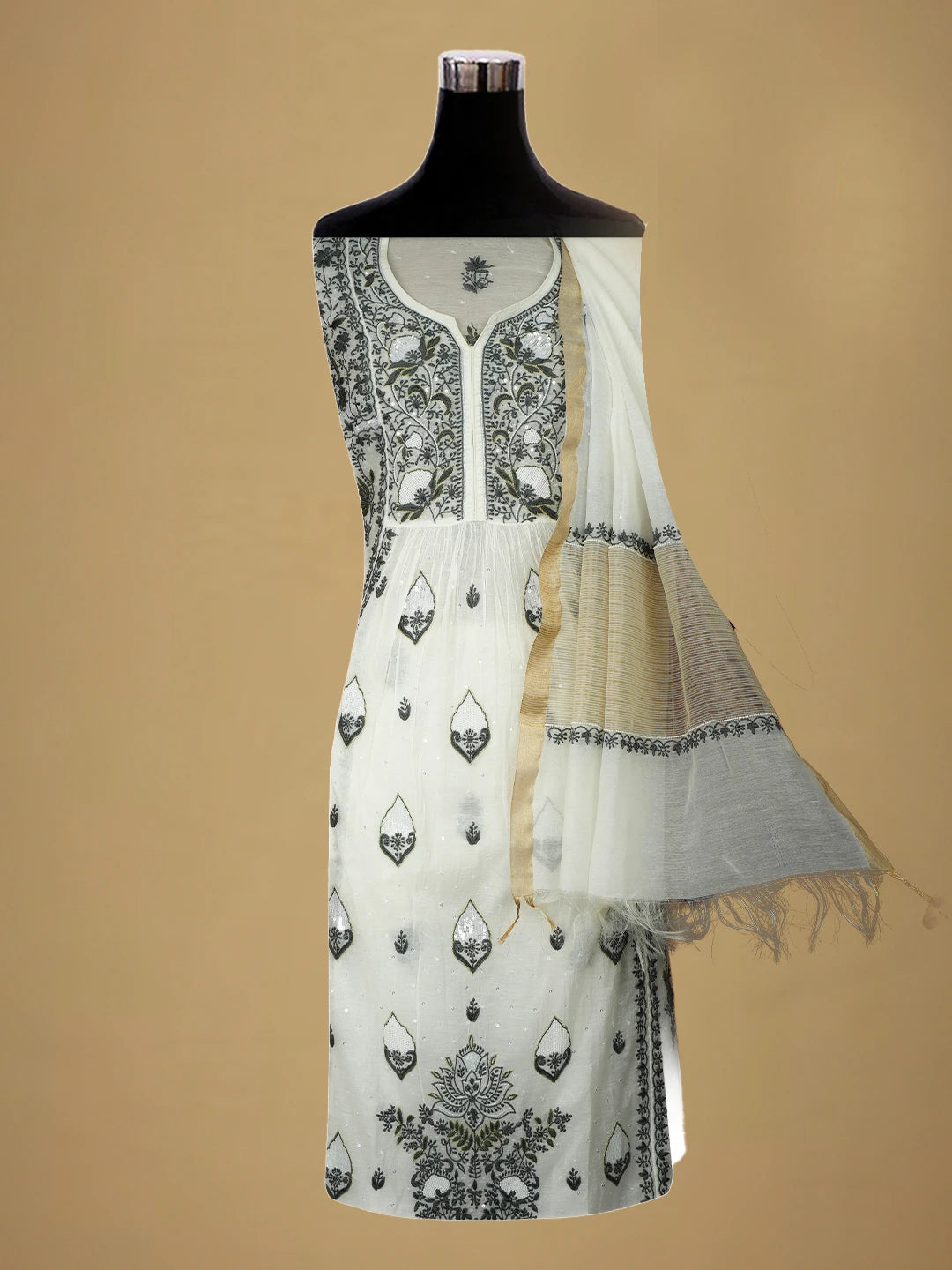 Ada Hand Embroidered White Chanderi Lucknowi Chikankari Semi-Stitched Kurta Dupatta Set with Cutdana Work 01A674701