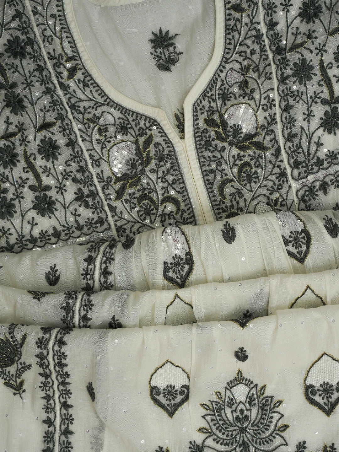 Ada Hand Embroidered White Chanderi Lucknowi Chikankari Semi-Stitched Kurta Dupatta Set with Cutdana Work 01A674701