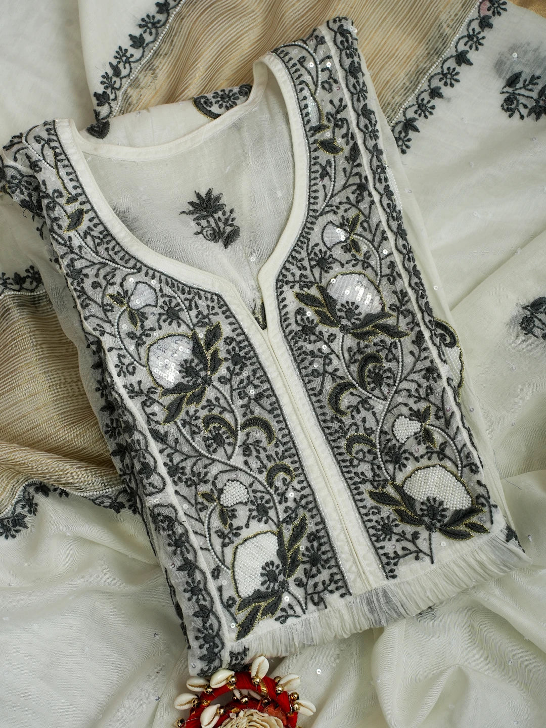Ada Hand Embroidered White Chanderi Lucknowi Chikankari Semi-Stitched Kurta Dupatta Set with Cutdana Work 01A674701