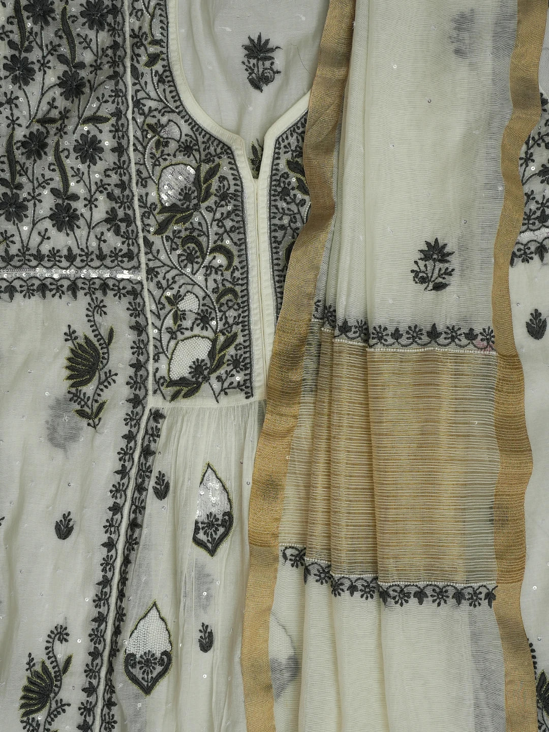 Ada Hand Embroidered White Chanderi Lucknowi Chikankari Semi-Stitched Kurta Dupatta Set with Cutdana Work 01A674701