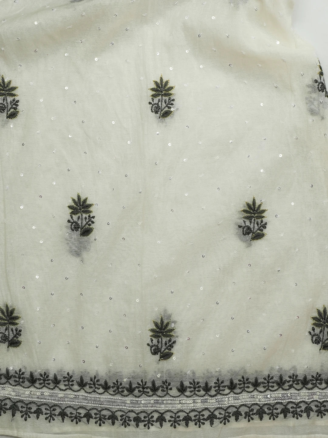 Ada Hand Embroidered White Chanderi Lucknowi Chikankari Semi-Stitched Kurta Dupatta Set with Cutdana Work 01A674701