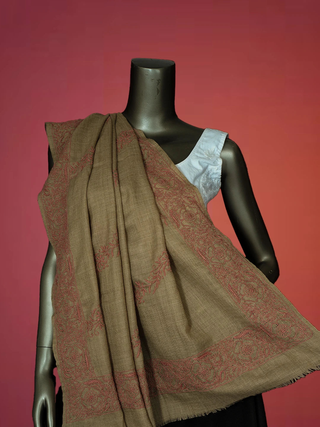 Ada Hand Embroidered Fawn Pashmina Lucknowi Chikankari Chaar Taar Shawl 01A715853
