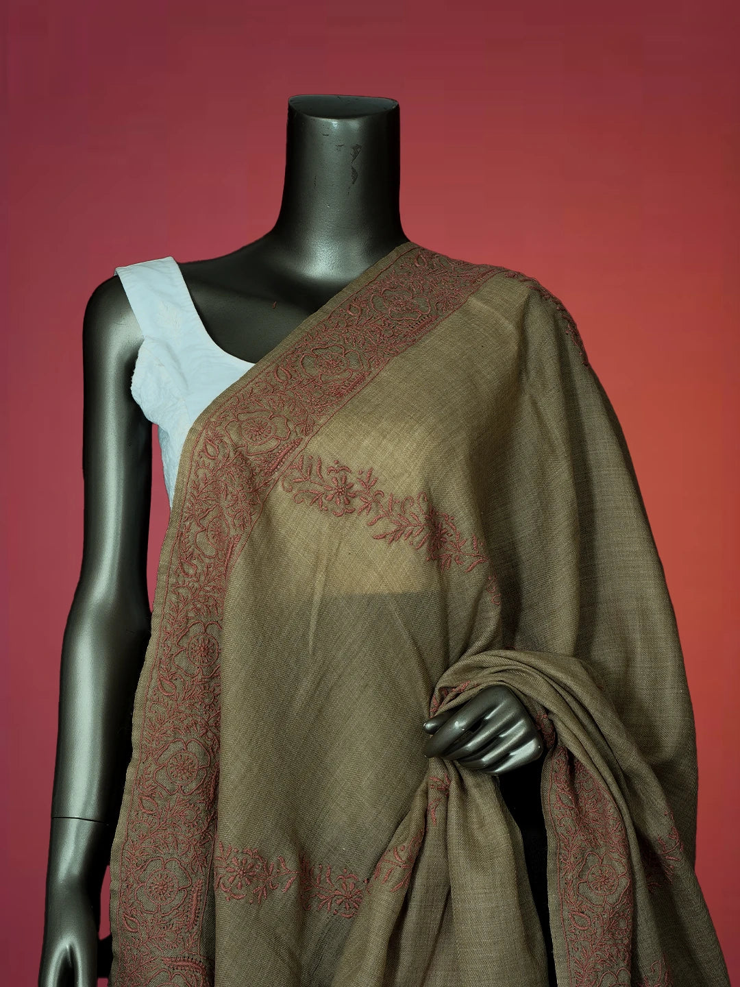 Ada Hand Embroidered Fawn Pashmina Lucknowi Chikankari Chaar Taar Shawl 01A715853