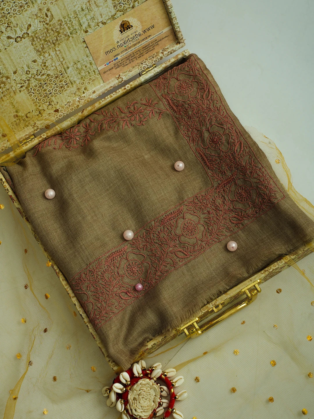 Ada Hand Embroidered Fawn Pashmina Lucknowi Chikankari Chaar Taar Shawl 01A715853