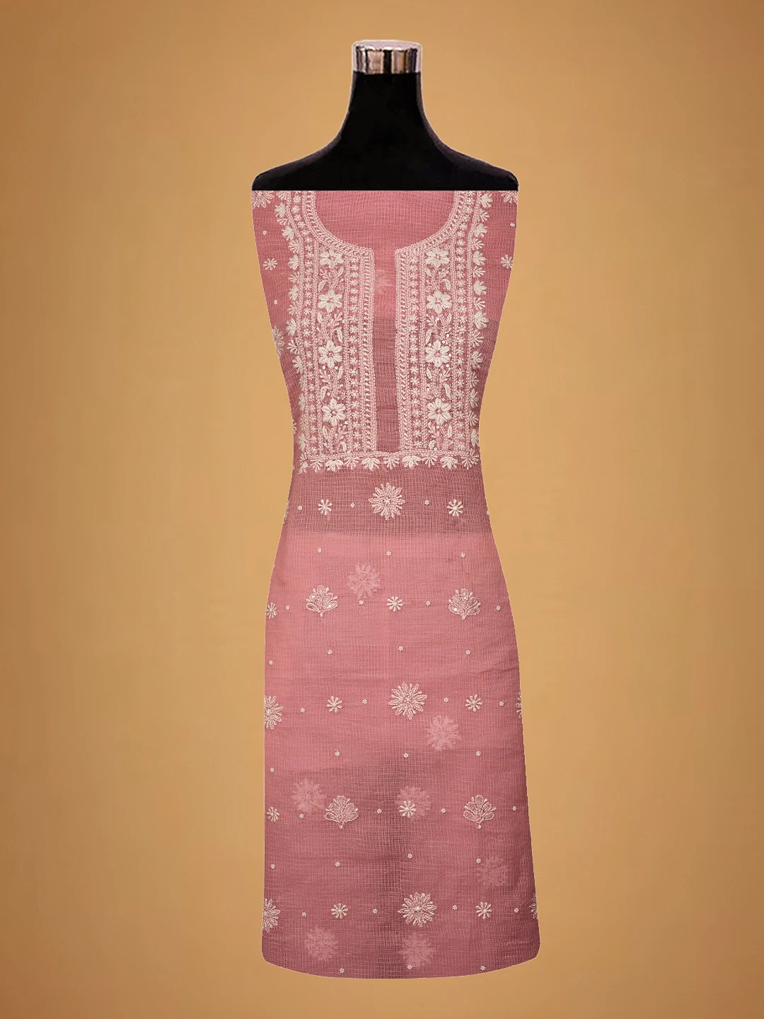 Ada Hand Embroidered Carrot Pink Kota Lucknowi Chikankari Unstitched Kurta Dupatta Set with Pearl Work 01A574086