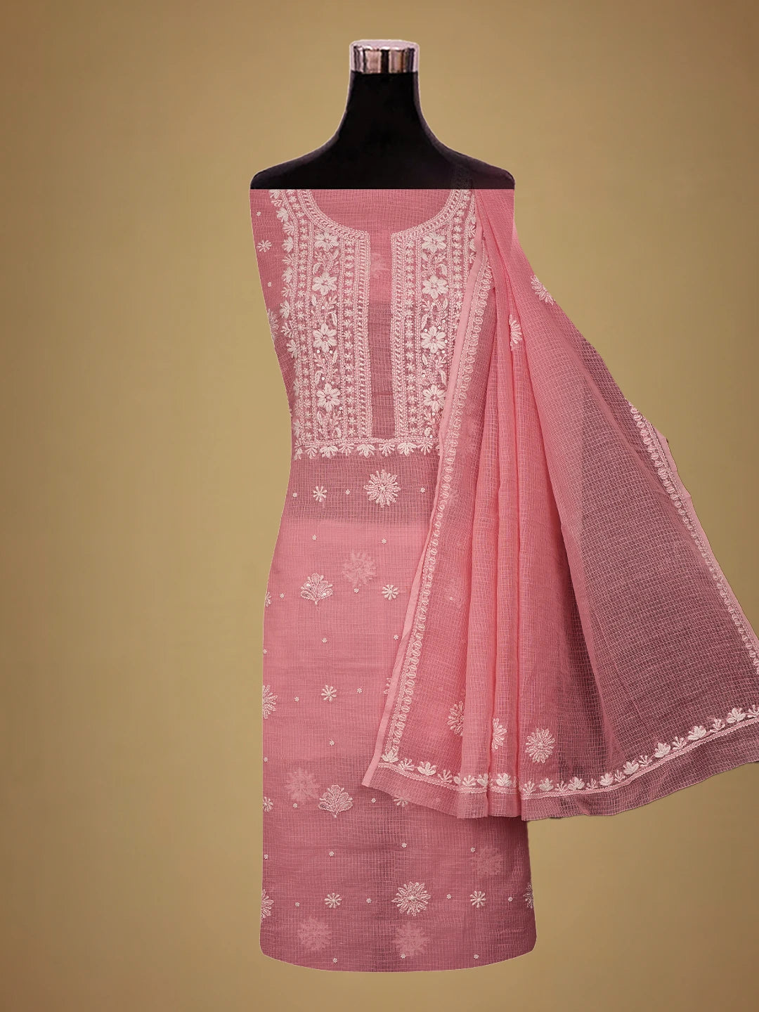Ada Hand Embroidered Carrot Pink Kota Lucknowi Chikankari Unstitched Kurta Dupatta Set with Pearl Work 01A574086