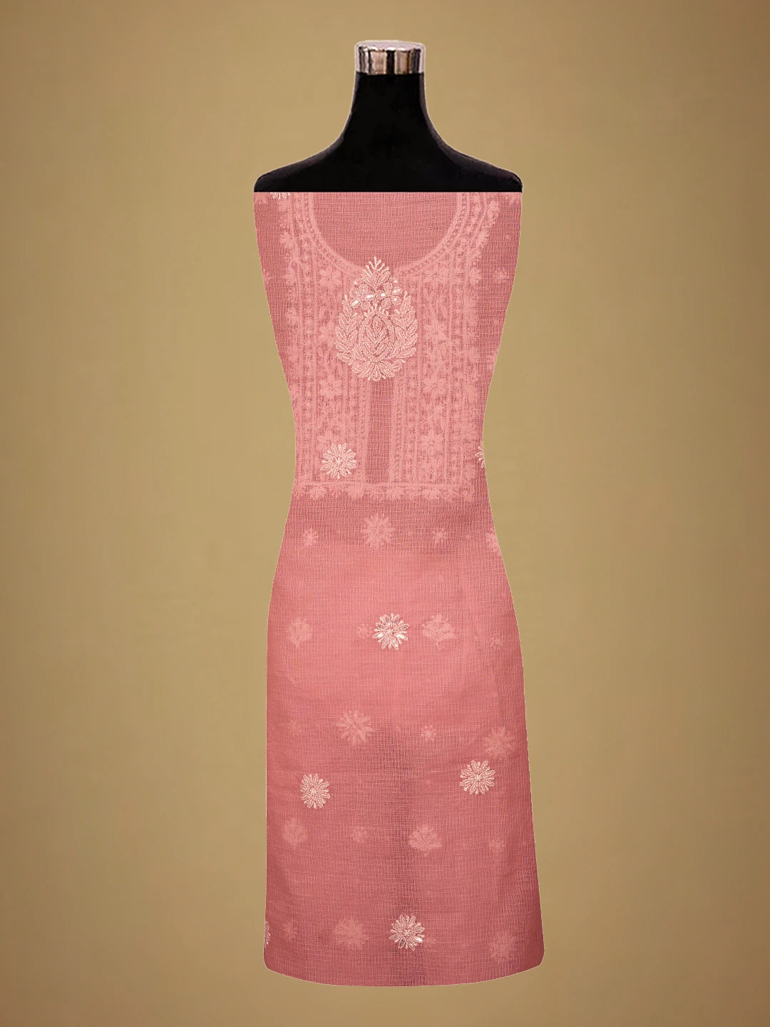 Ada Hand Embroidered Carrot Pink Kota Lucknowi Chikankari Unstitched Kurta Dupatta Set with Pearl Work 01A574086