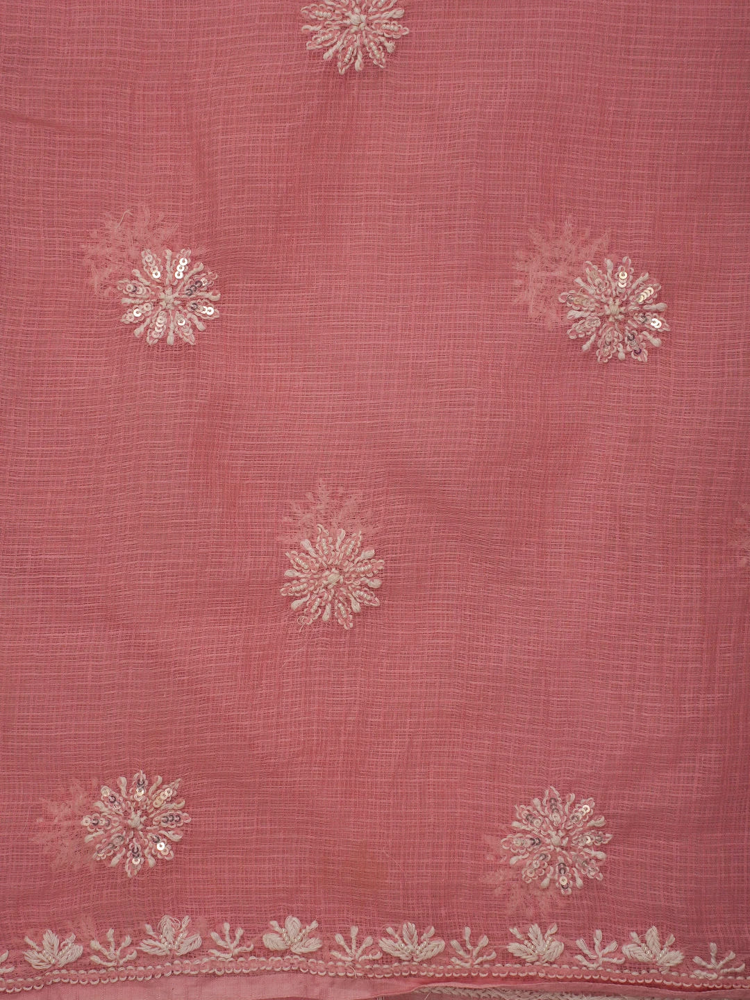 Ada Hand Embroidered Carrot Pink Kota Lucknowi Chikankari Unstitched Kurta Dupatta Set with Pearl Work 01A574086