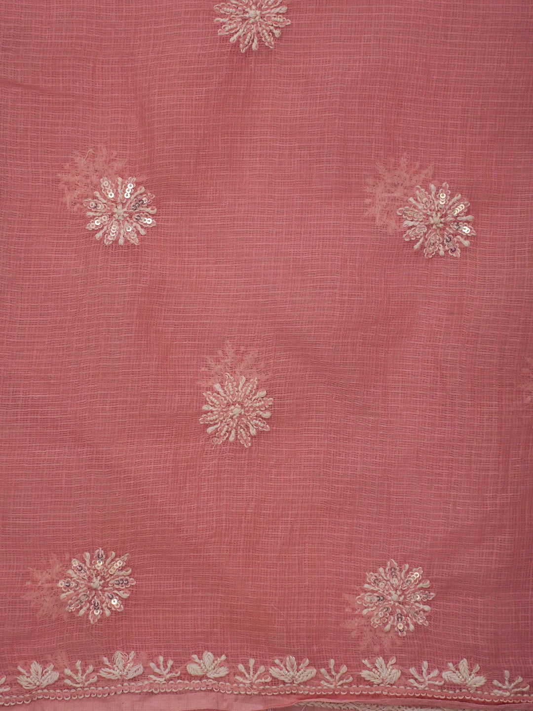 Ada Hand Embroidered Carrot Pink Kota Lucknowi Chikankari Unstitched Kurta Dupatta Set with Pearl Work 01A574086