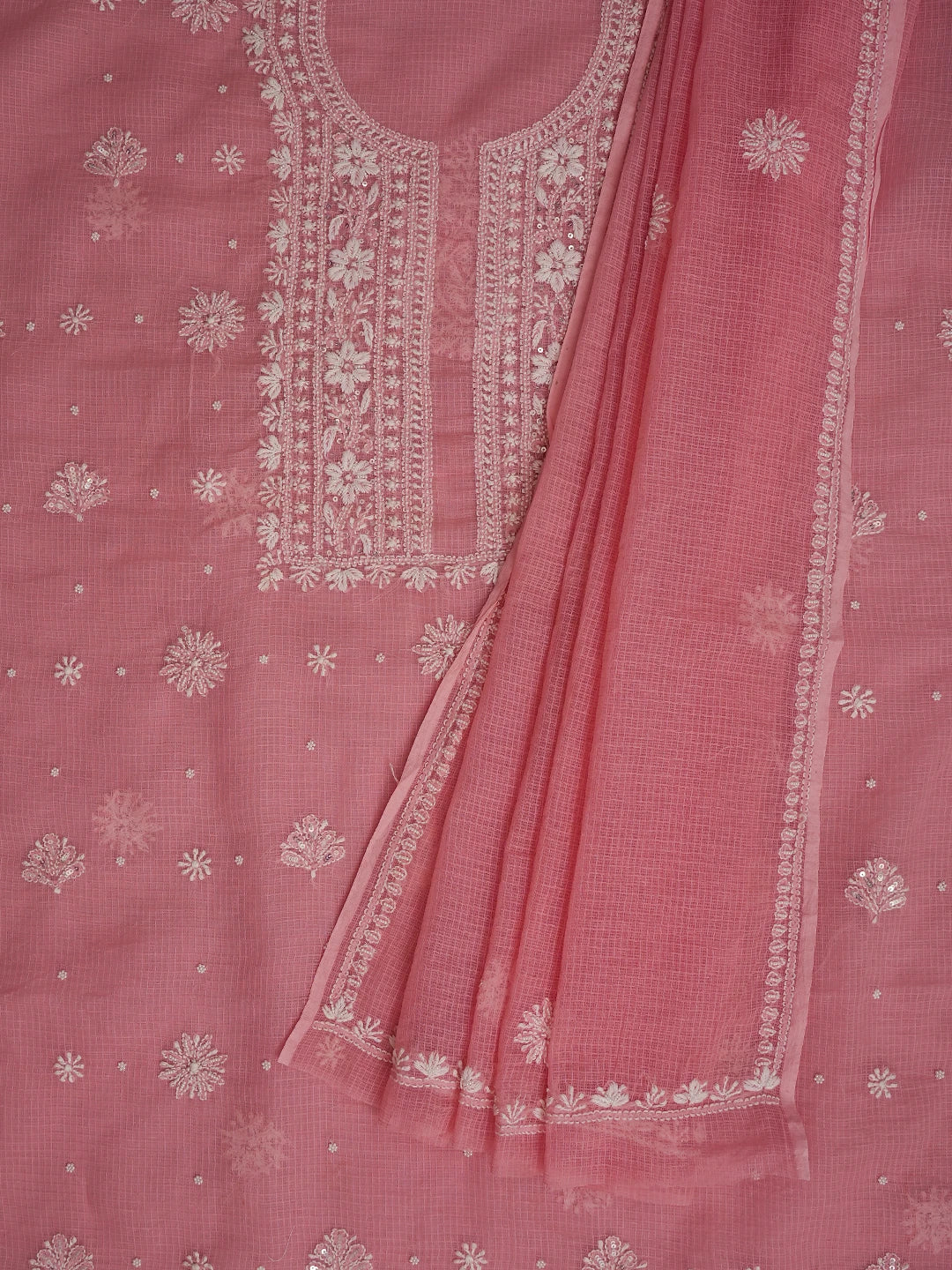 Ada Hand Embroidered Carrot Pink Kota Lucknowi Chikankari Unstitched Kurta Dupatta Set with Pearl Work 01A574086