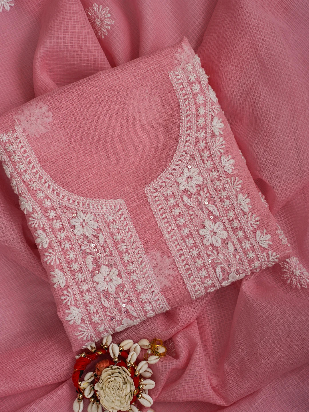 Ada Hand Embroidered Carrot Pink Kota Lucknowi Chikankari Unstitched Kurta Dupatta Set with Pearl Work 01A574086