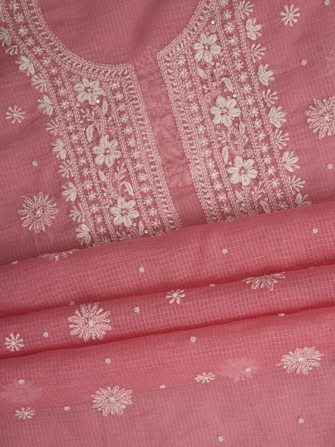 Ada Hand Embroidered Carrot Pink Kota Lucknowi Chikankari Unstitched Kurta Dupatta Set with Pearl Work 01A574086