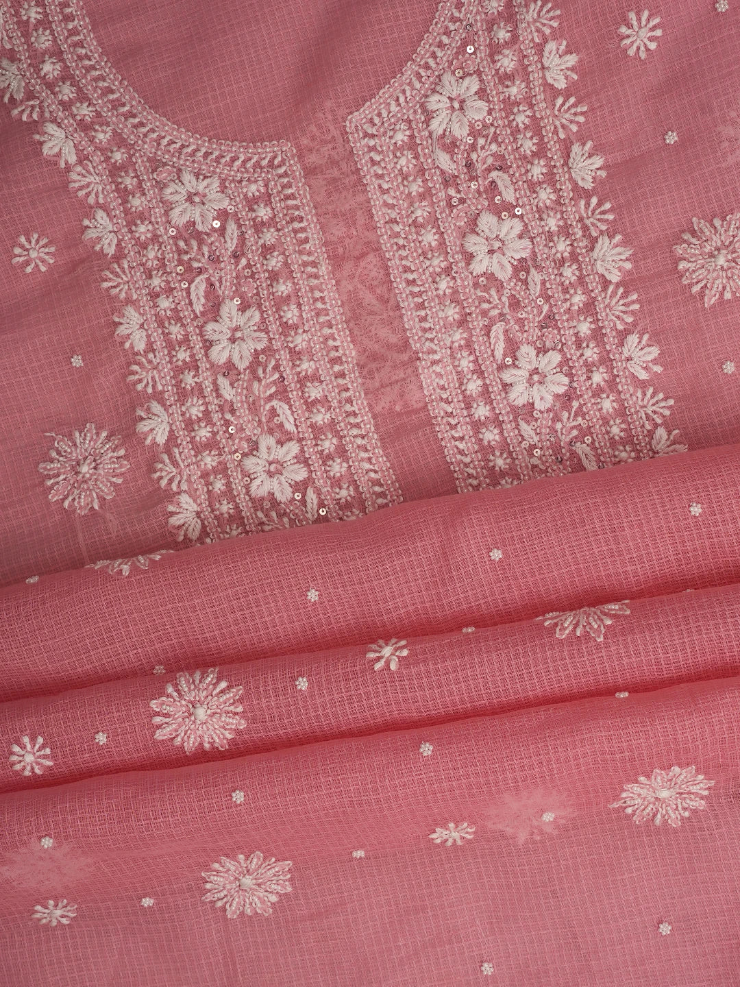 Ada Hand Embroidered Carrot Pink Kota Lucknowi Chikankari Unstitched Kurta Dupatta Set with Pearl Work 01A574086