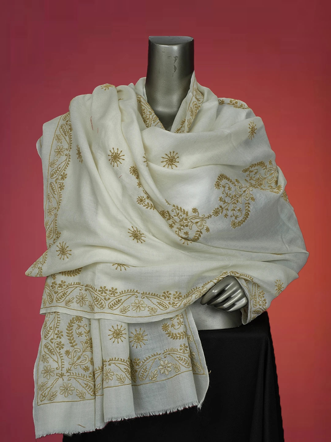 Ada Hand Embroidered White Pashmina Lucknowi Chikankari Chaar Taar Shawl 01A715867
