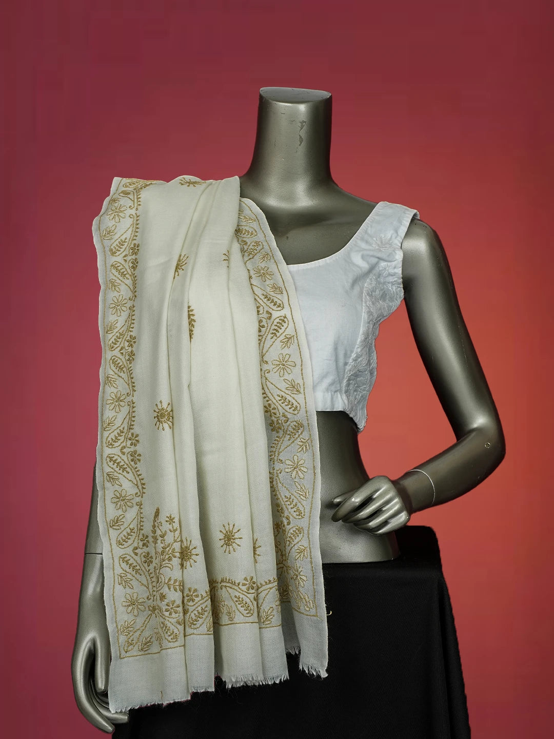Ada Hand Embroidered White Pashmina Lucknowi Chikankari Chaar Taar Shawl 01A715867