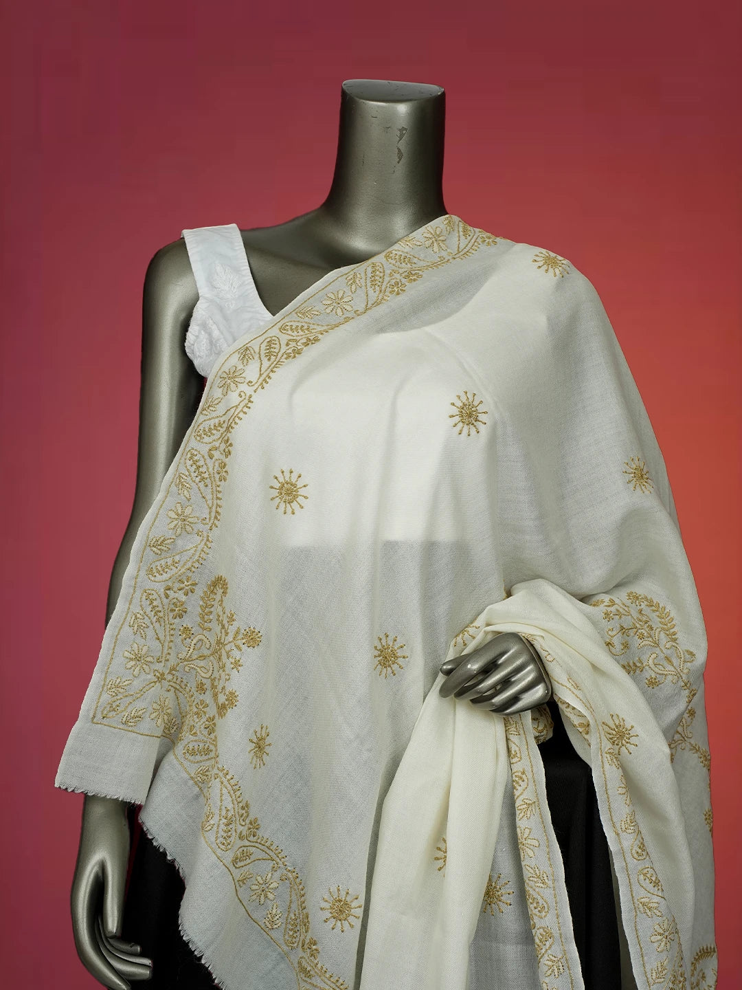 Ada Hand Embroidered White Pashmina Lucknowi Chikankari Chaar Taar Shawl 01A715867