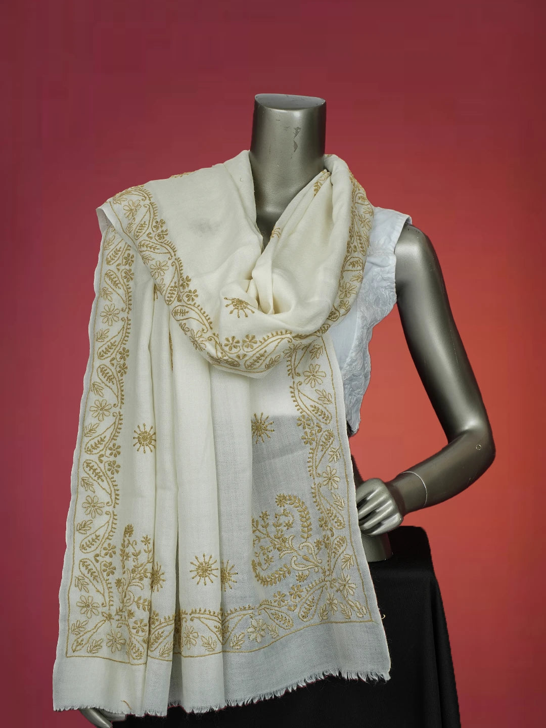 Ada Hand Embroidered White Pashmina Lucknowi Chikankari Chaar Taar Shawl 01A715867