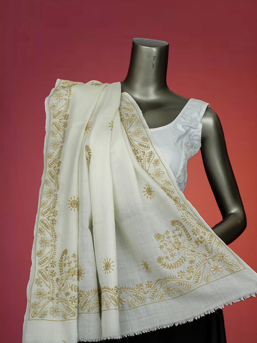 Ada Hand Embroidered White Pashmina Lucknowi Chikankari Chaar Taar Shawl 01A715867