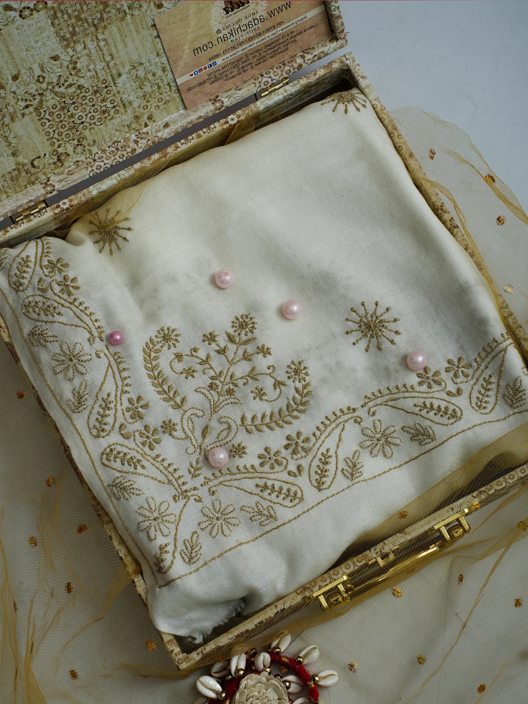 Ada Hand Embroidered White Pashmina Lucknowi Chikankari Chaar Taar Shawl 01A715867