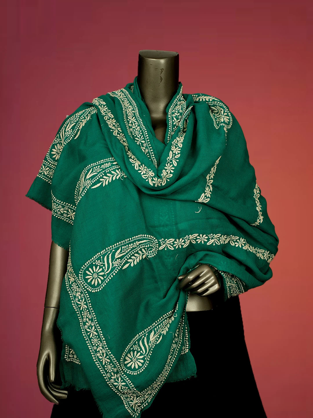 Ada Hand Embroidered Rama Green Pashmina Lucknowi Chikankari Teen Taar Shawl 01A715875