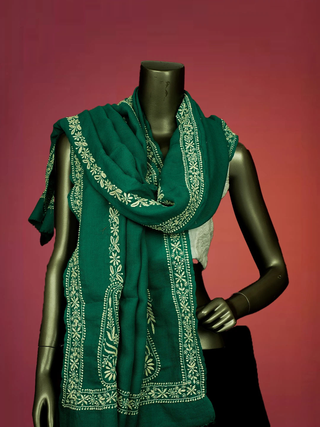 Ada Hand Embroidered Rama Green Pashmina Lucknowi Chikankari Teen Taar Shawl 01A715875