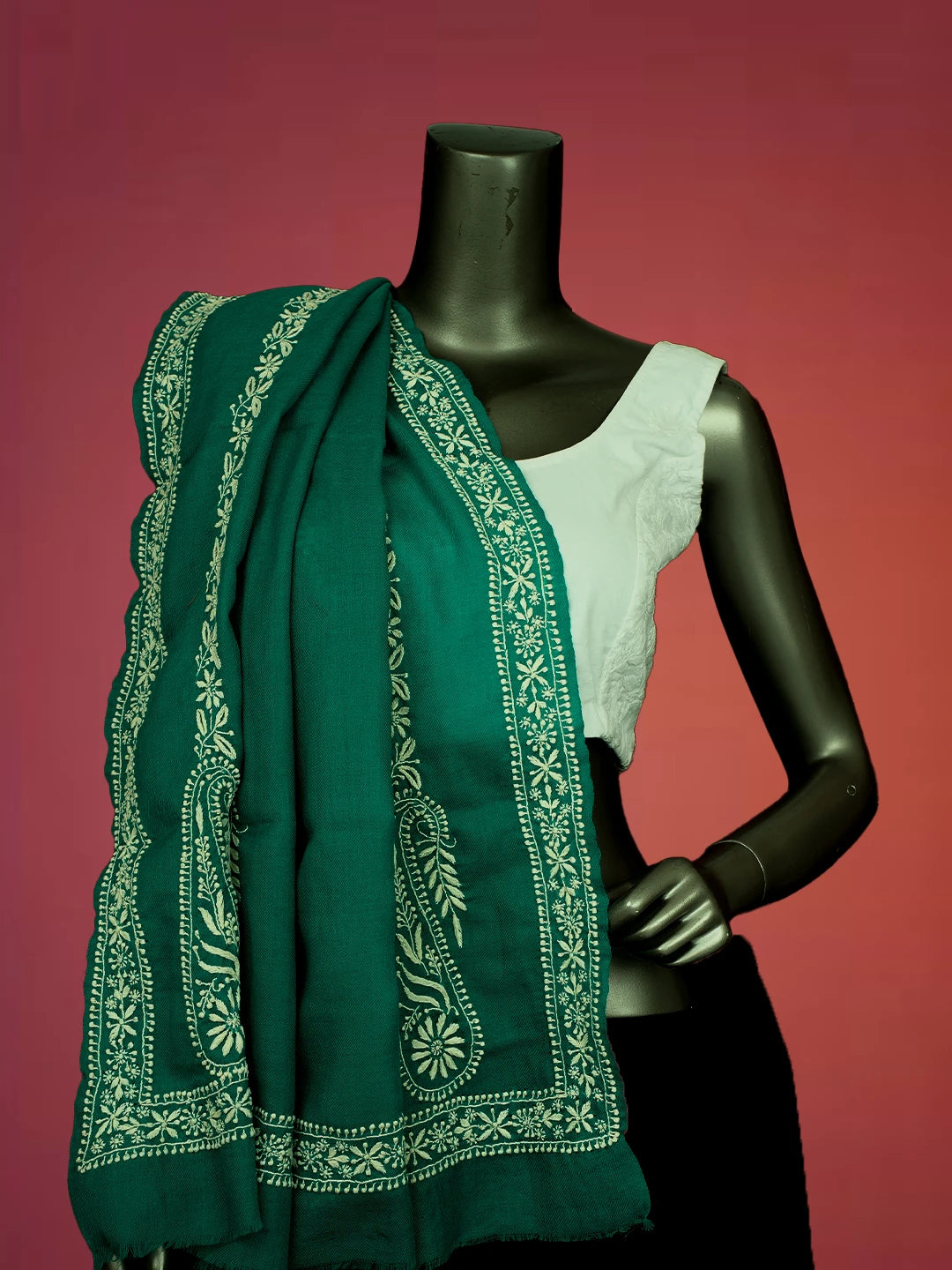 Ada Hand Embroidered Rama Green Pashmina Lucknowi Chikankari Teen Taar Shawl 01A715875