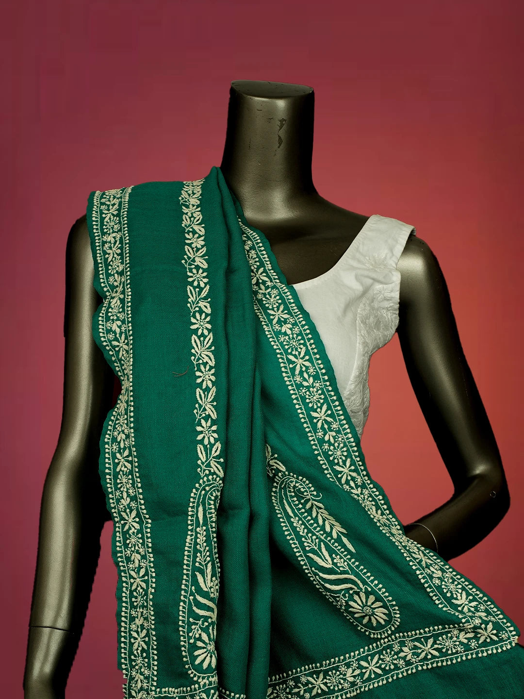 Ada Hand Embroidered Rama Green Pashmina Lucknowi Chikankari Teen Taar Shawl 01A715875